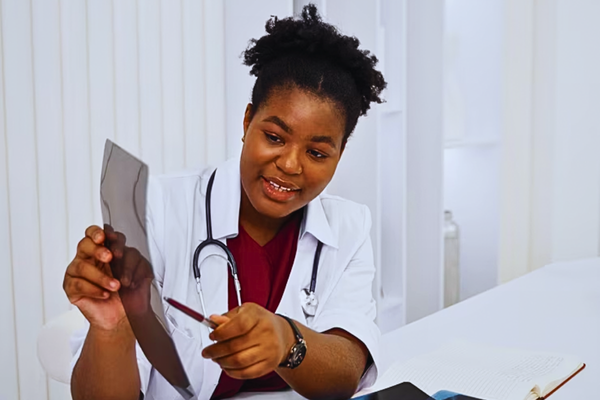 Smiling doctor holding a radiography scan, illustrating one of the many professional settings where expecting parents learn about the reasons for NIPT testing to ensure early and accurate genetic screening.