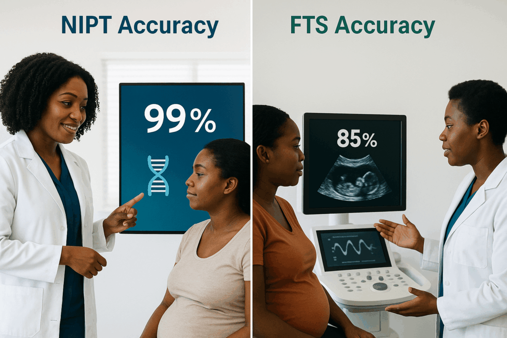 Split image showing accuracy comparison of NIPT vs FTS. On the left, a Black doctor explains a 99% accurate NIPT result to a pregnant woman with a DNA icon on screen. On the right, another Black doctor discusses an 85% accurate FTS ultrasound result. The contrasting visuals emphasize detection rate differences in a clinical environment.