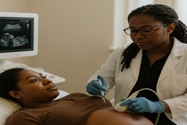 A realistic scene showing an African American doctor performing an amniocentesis on a calm pregnant African American woman in a clinical setting, illustrating the care and safety involved in prenatal testing and highlighting awareness around amniocentesis miscarriage risk.