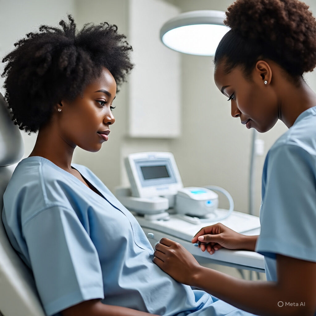 A photorealistic image of Black individuals undergoing non-invasive prenatal paternity tests, showing a caring medical setting with advanced prenatal testing equipment, highlighting accuracy and reassurance.