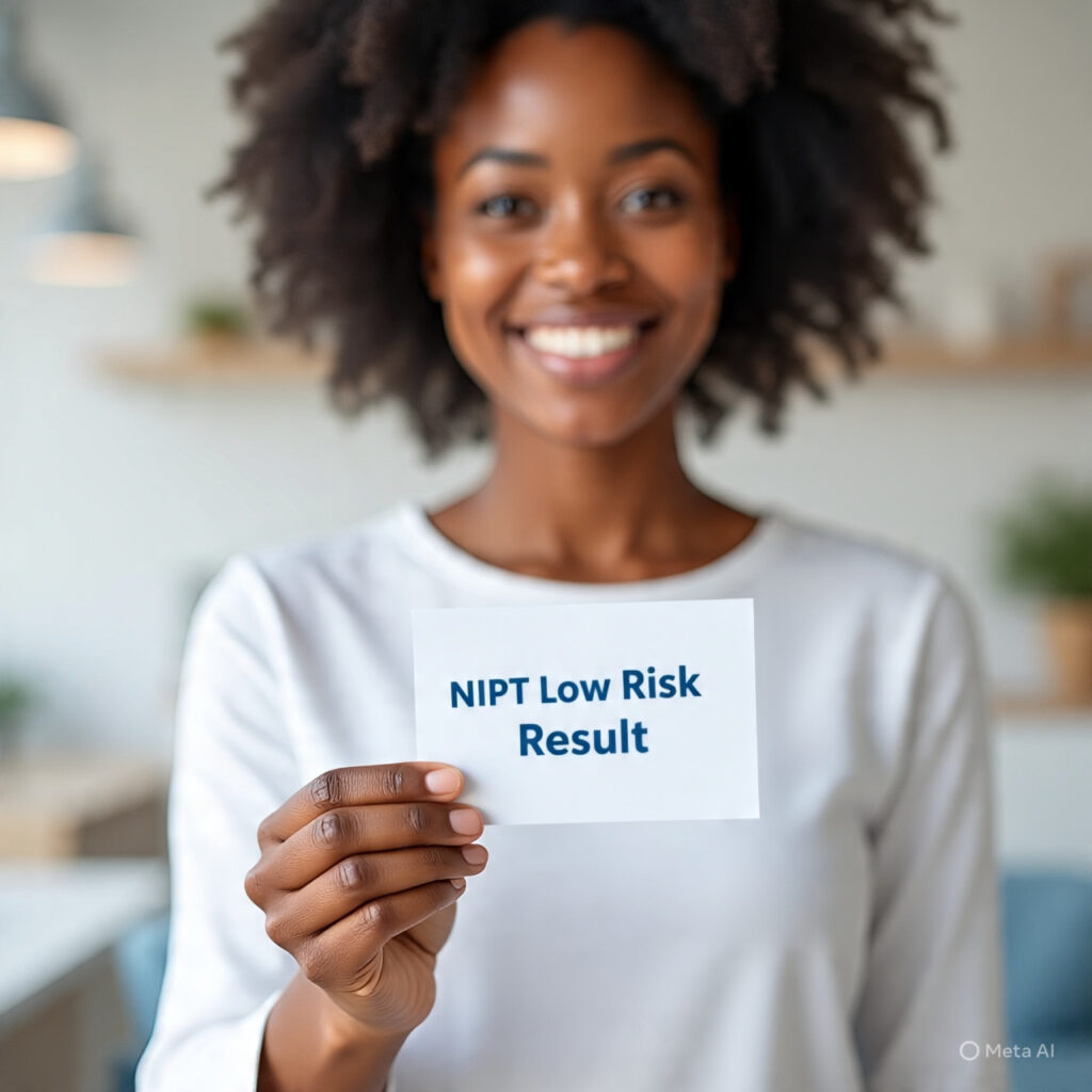A photorealistic image of a Black woman smiling with relief, symbolizing a NIPT low risk result, set in a bright and reassuring medical consultation environment.