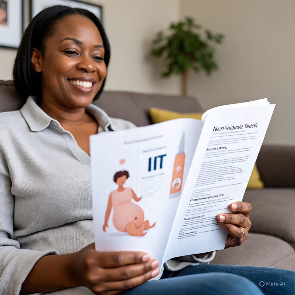 A photorealistic image of a Black parent reviewing medical documents with a doctor, symbolizing guidance and understanding in NIPT analysis for pregnancy care.