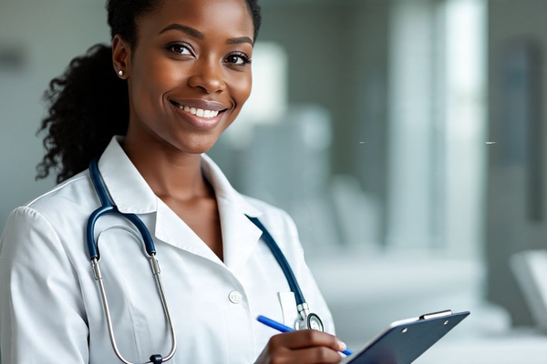 A photorealistic image of a Black American pregnant woman in a medical setting, holding a lab result while a doctor explains, visually demonstrating a sickling test positive during pregnancy.