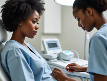Affordable Non-Invasive Prenatal Paternity Tests A photorealistic image of Black individuals undergoing non-invasive prenatal paternity tests, showing a caring medical setting with advanced prenatal testing equipment, highlighting accuracy and reassurance.