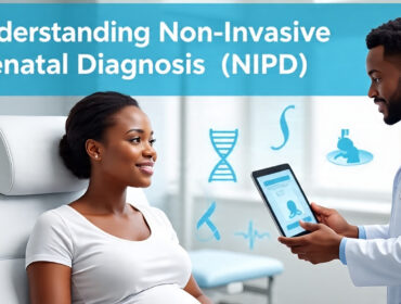 Understanding Non-Invasive Prenatal Diagnosis (NIPD) A medical illustration of a pregnant woman consulting with a doctor in a modern clinic, with DNA strands and fetus icons symbolizing advanced genetic testing through non-invasive prenatal diagnosis.