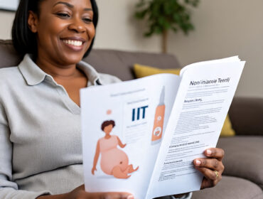 3 Essential Reasons Why NIPT & Ultrasound are Your Pregnancy Dream Team A photorealistic image of a Black parent reviewing medical documents with a doctor, symbolizing guidance and understanding in NIPT analysis for pregnancy care.