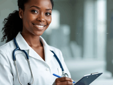 Positive Sickling Test in Pregnancy What It Means and What’s Next A photorealistic image of a Black American pregnant woman in a medical setting, holding a lab result while a doctor explains, visually demonstrating a sickling test positive during pregnancy.