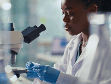 5 Myths About Paternity DNA Testing You Must Ignore for Accurate Results A photorealistic image of a black woman using a microscope in a biotechnology laboratory, conducting research and DNA analysis, representing the process of DNA paternity testing through scientific and forensic examination.