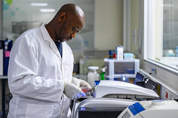 Lab technician working with precision in a state-of-the-art bioscience laboratory, representing scientific responsibility, healthcare innovation, and discussions around genetic screening ethics.