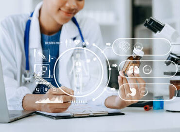 Conceptual healthcare illustration showing genetic data and medical technology shaping personalized medicine and the future of healthcare in 2026.